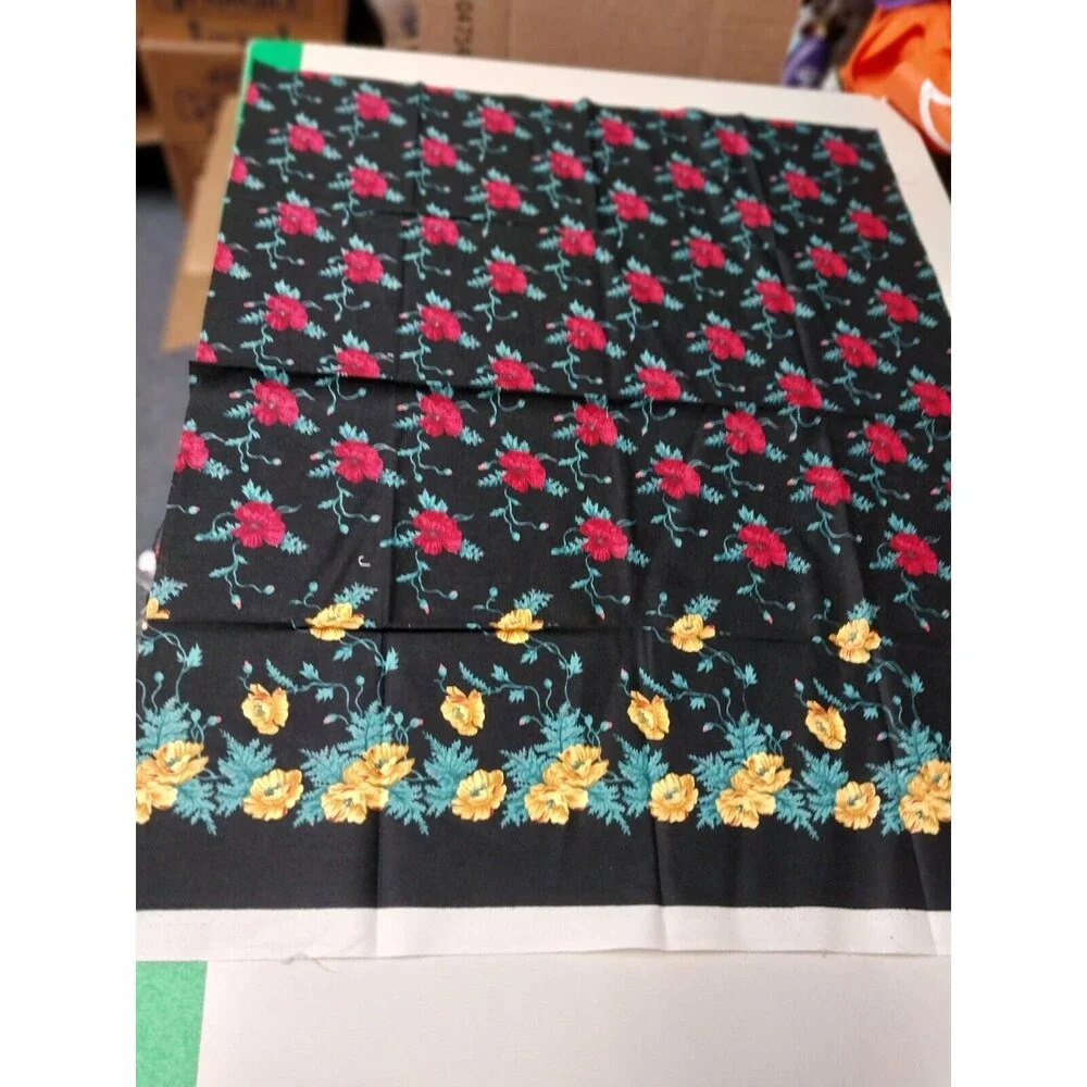 18X22 Fat Quarter Cotton Fabric Black Red and Yellow Flowers